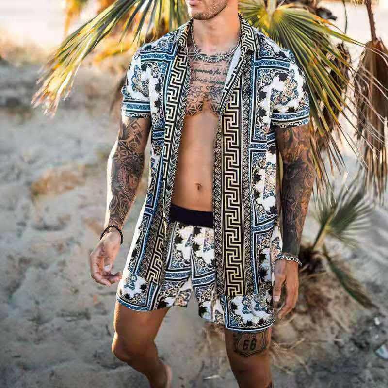 Comfortable men's two-piece summer set with short sleeve shirt & shorts, ideal for beach or lounge wear.