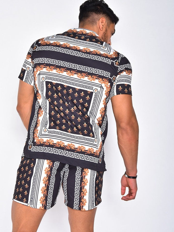 Coordinated men's fashion: a short sleeve button shirt and matching shorts, making a stylish summer set.