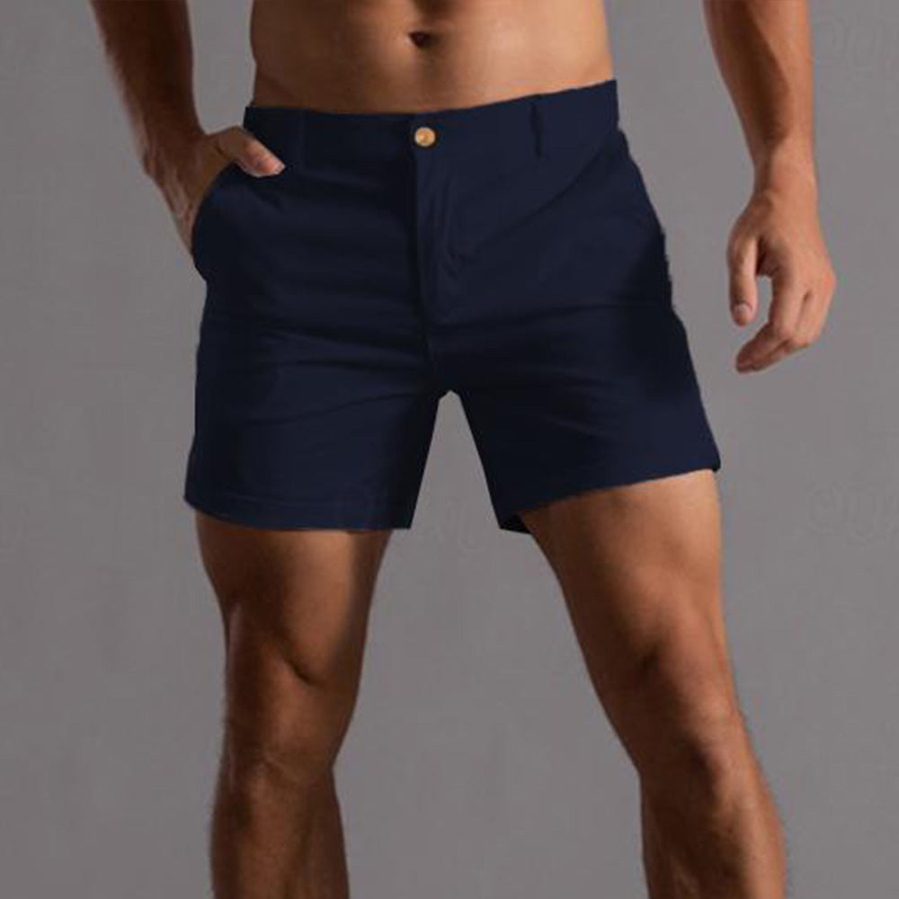 Close-up: Men's tailored chino shorts, showcasing comfortable fit and elegant summer style.