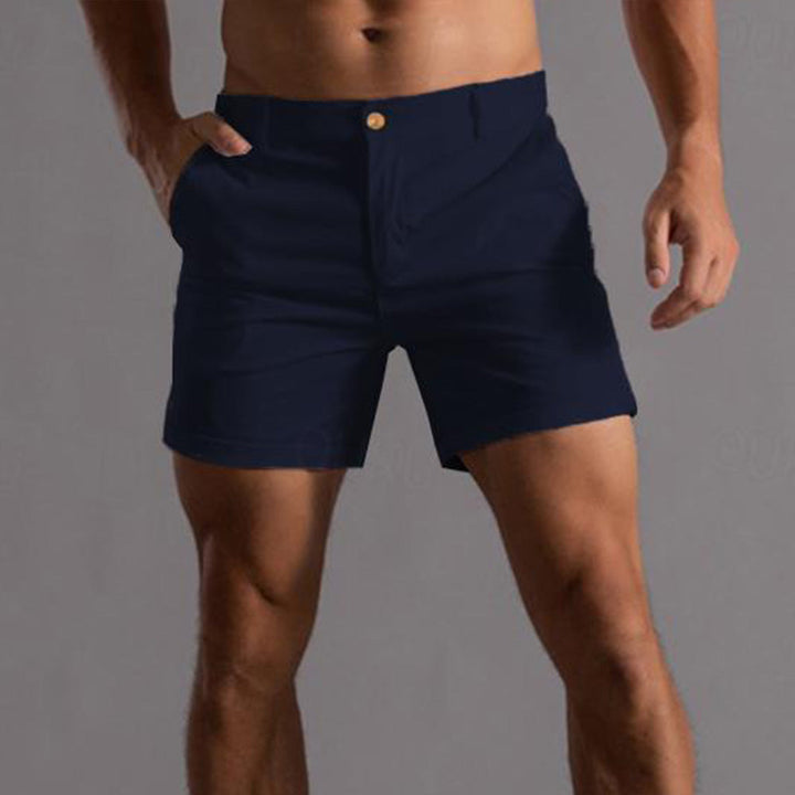 Close-up: Men's tailored chino shorts, showcasing comfortable fit and elegant summer style.