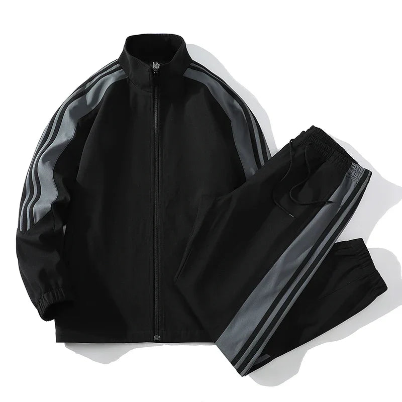 Fashionable men's streetwear tracksuit set, a two-piece with full zip top and jogger bottoms for daily style.