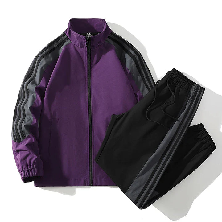 Men's athletic two-piece tracksuit, a stylish full zip activewear set with soft fabric joggers for comfort.