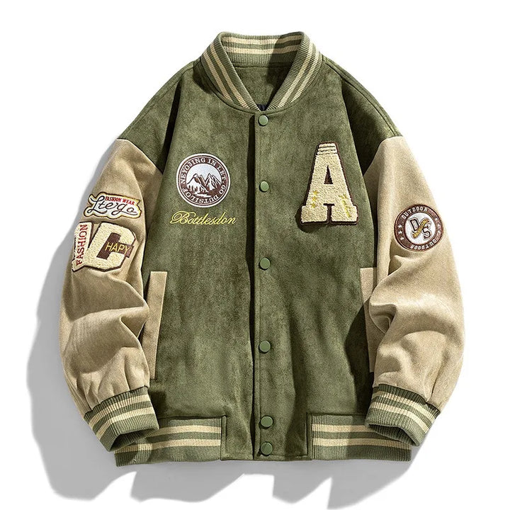 Men's stylish varsity bomber jacket for winter streetwear. Features button-up closure & athletic design for casual comfort.