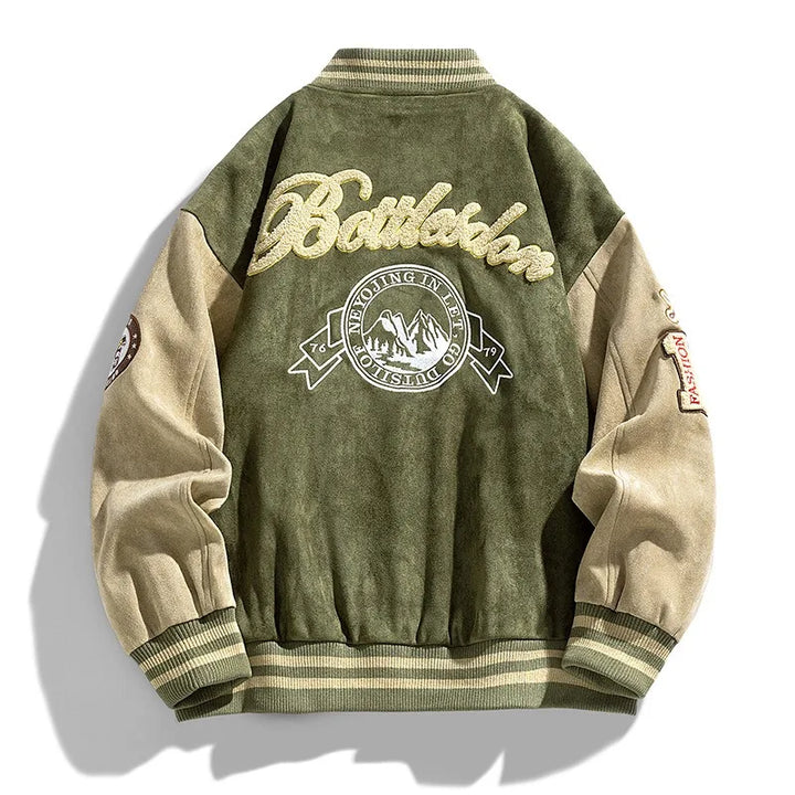 Close-up of a men's varsity bomber jacket with fashionable patches & classic button-up front. Ideal for streetwear.