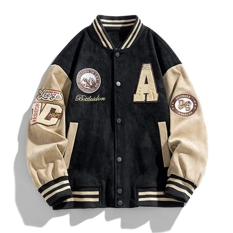 Fashionable men's winter bomber jacket, perfect for streetwear & casual wear. Features a comfortable, stylish varsity look.