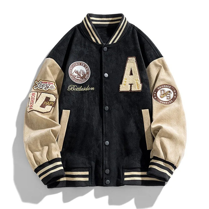 Fashionable men's winter bomber jacket, perfect for streetwear & casual wear. Features a comfortable, stylish varsity look.