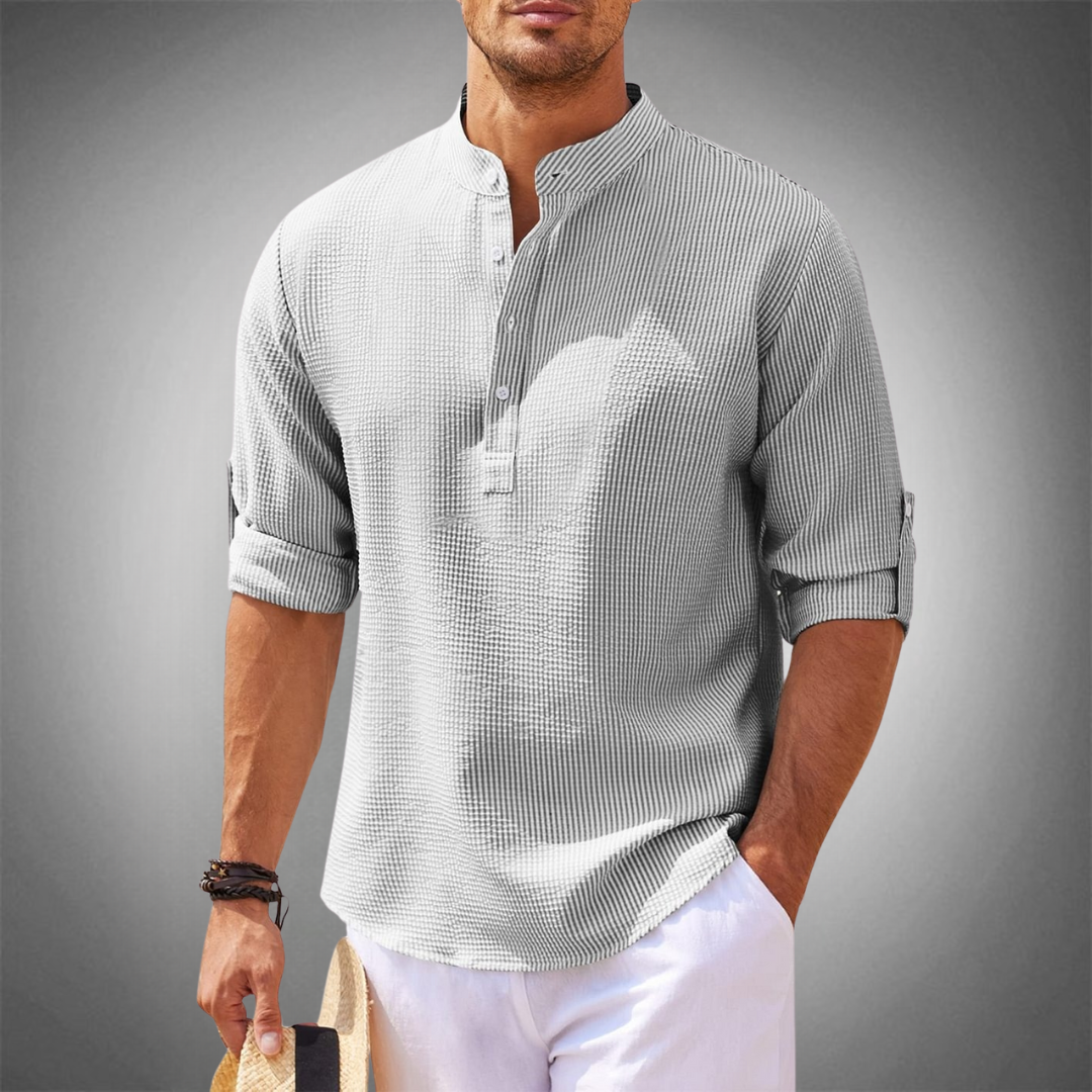 New black men's button-down shirt, long sleeve, tailored fit. Versatile for modern summer and spring style.