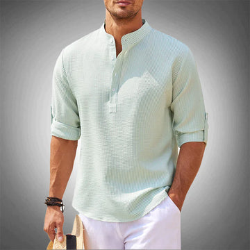Stylish beige long sleeve button-down shirt for men. Tailored fit, perfect for versatile spring and summer fashion.