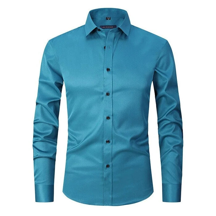 Man adjusting collar of a wrinkle-resistant men's dress shirt, ready for professional office wear.