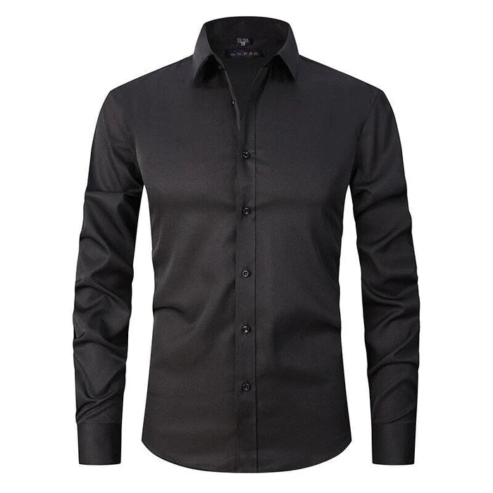 Close-up of men's wrinkle-resistant stretch dress shirt fabric, showing comfort and effortless polish.