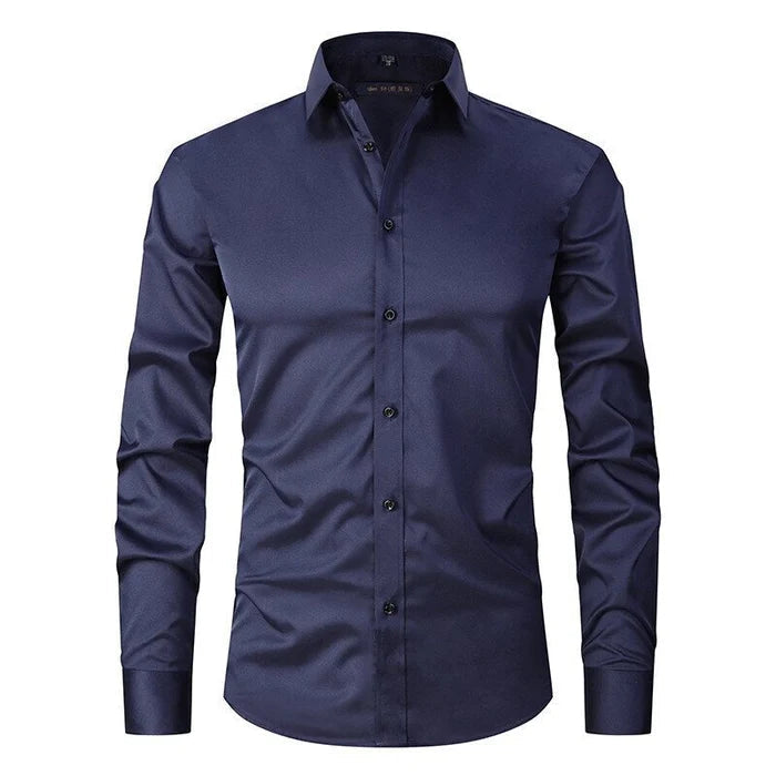 Full shot of a men's long sleeve comfort dress shirt. Wrinkle-resistant stretch fabric for everyday elegance.