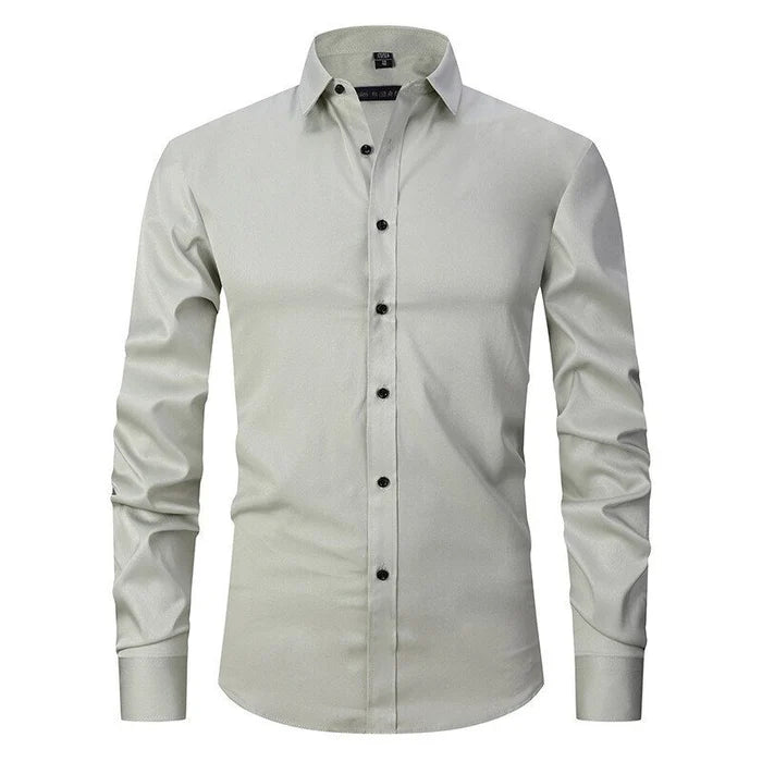 Back view of a sleek men's professional dress shirt, highlighting its modern fit and stylish design.