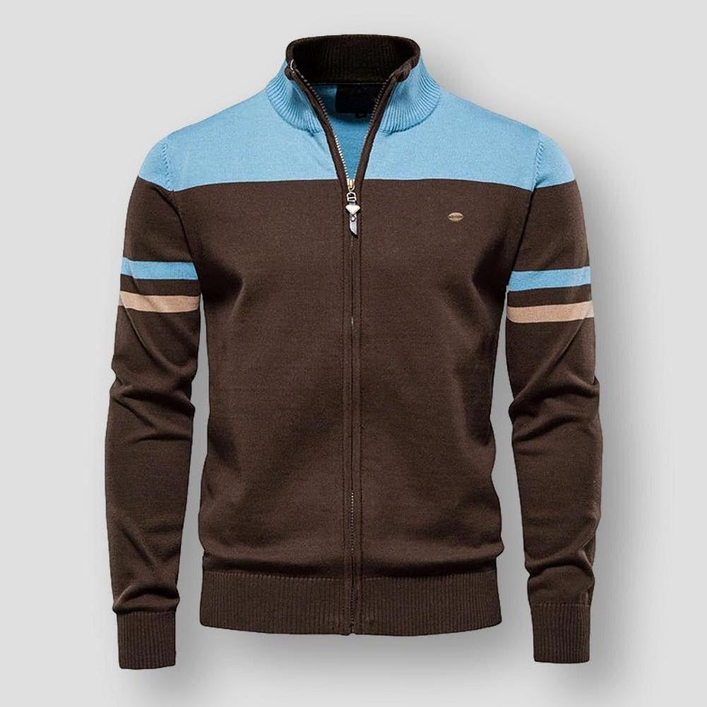 Men's stylish zip-up color block jacket for modern comfort, perfect casual outerwear for spring & fall.
