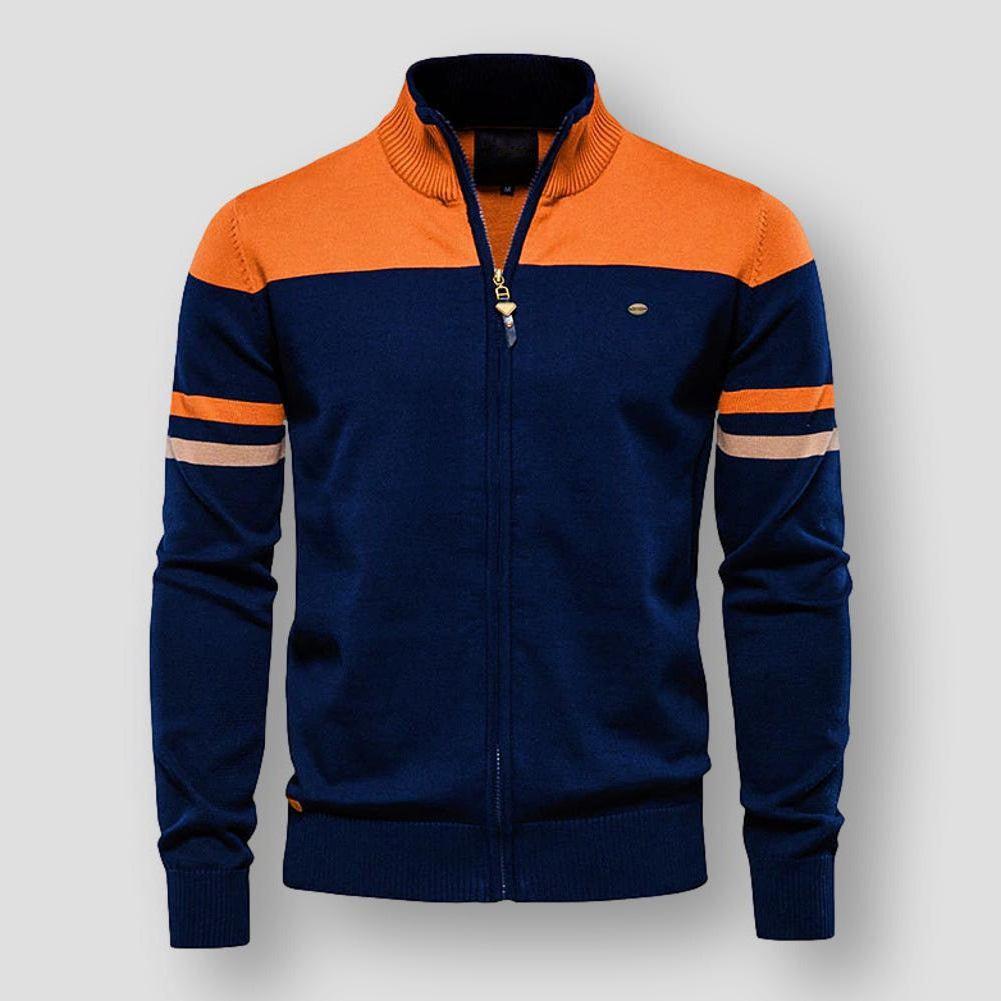 Modern men's color block zip-up jacket. Stylish long sleeve outerwear, ideal for casual fall & spring fashion.