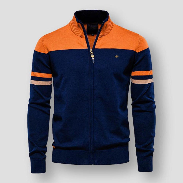 Modern men's color block zip-up jacket. Stylish long sleeve outerwear, ideal for casual fall & spring fashion.