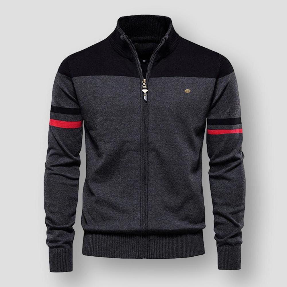 Comfortable men's color block zip-up jacket. Versatile casual long sleeve outerwear for modern spring/fall style.