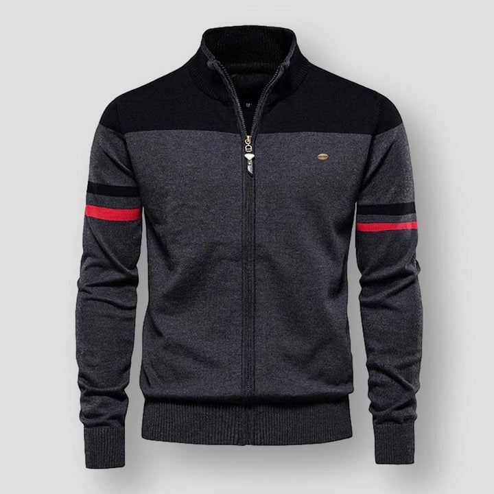 Comfortable men's color block zip-up jacket. Versatile casual long sleeve outerwear for modern spring/fall style.