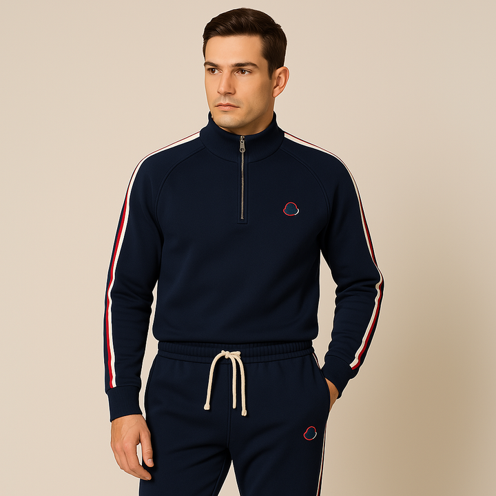Men's stylish zip-up tracksuit set with hoodie & joggers for casual wear, athletic activities & comfort.