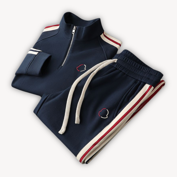 Full view of a man wearing a modern men's zip-up tracksuit, ideal for sports, casual style & everyday comfort.