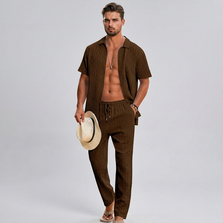 Men's summer co-ord set: textured shirt & relaxed trousers. Ideal for beach, vacation, or casual wear.