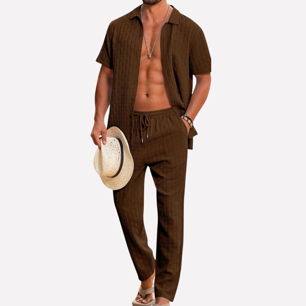Effortless men's textured shirt & relaxed trousers co-ord set. Perfect summer comfort wear.