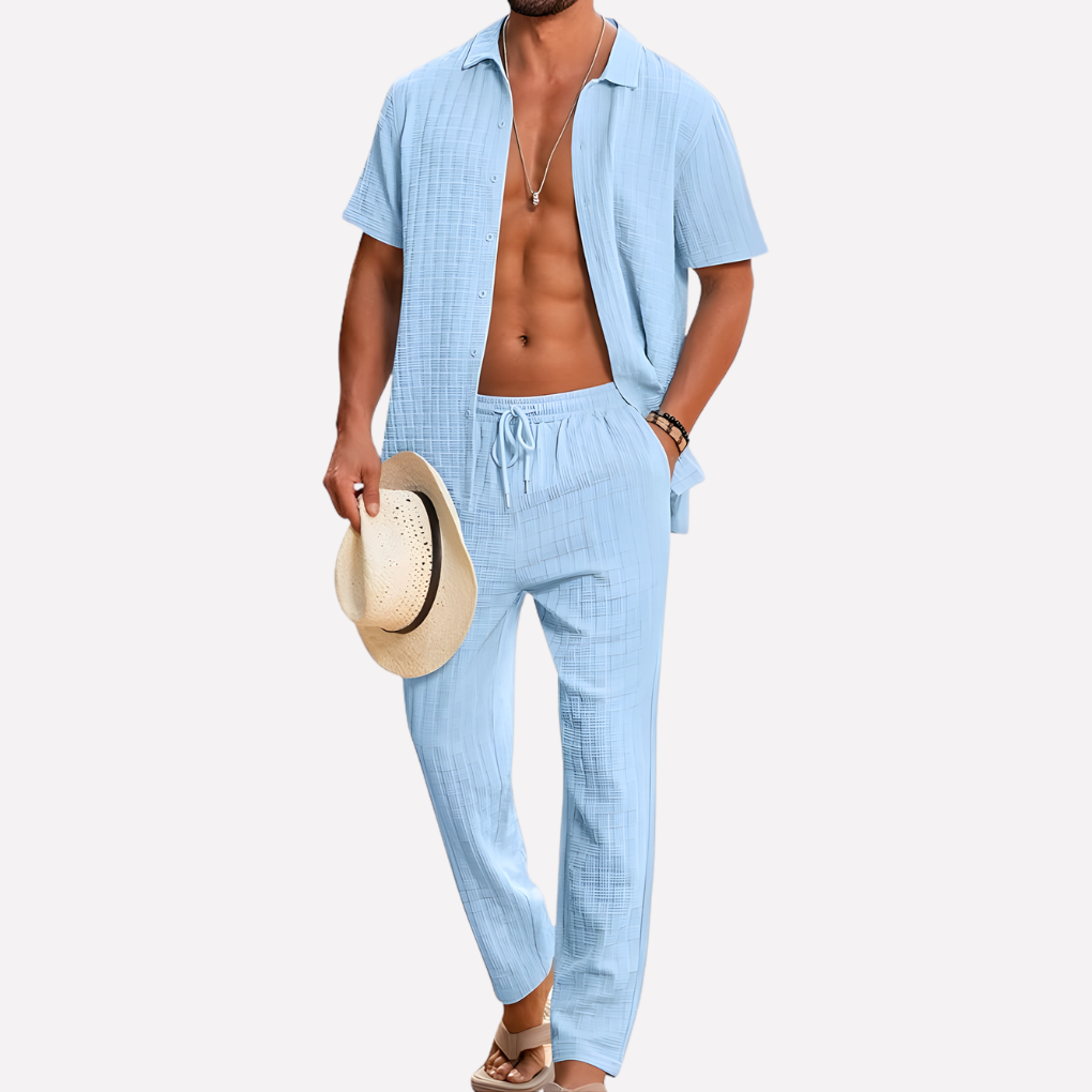 Comfortable men's summer fashion co-ord set with a breathable textured shirt & relaxed trousers.
