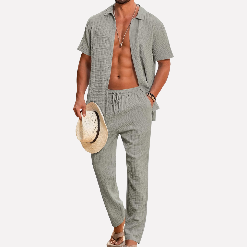 Men's summer textured shirt & relaxed trousers co-ord set, offering effortless casual style.