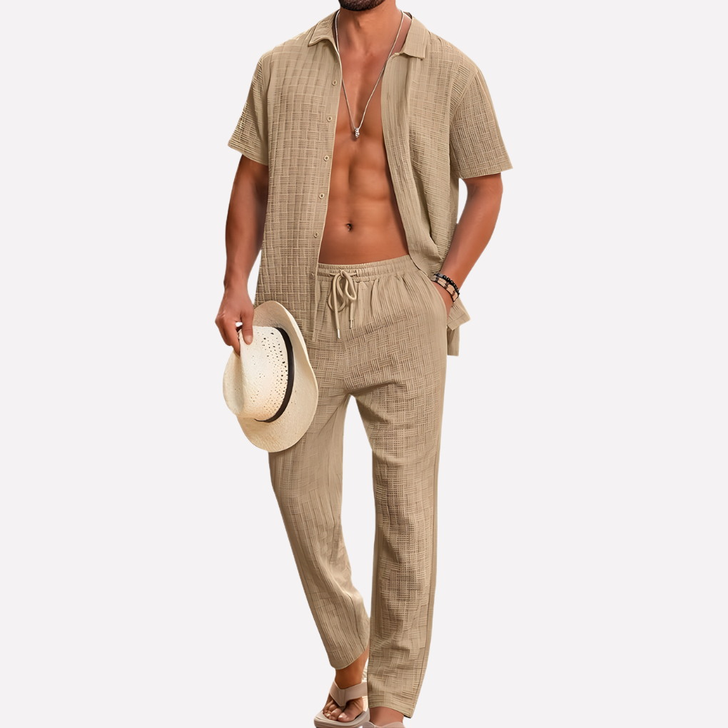 Men's two-piece summer outfit: textured button-up shirt & matching relaxed trousers.