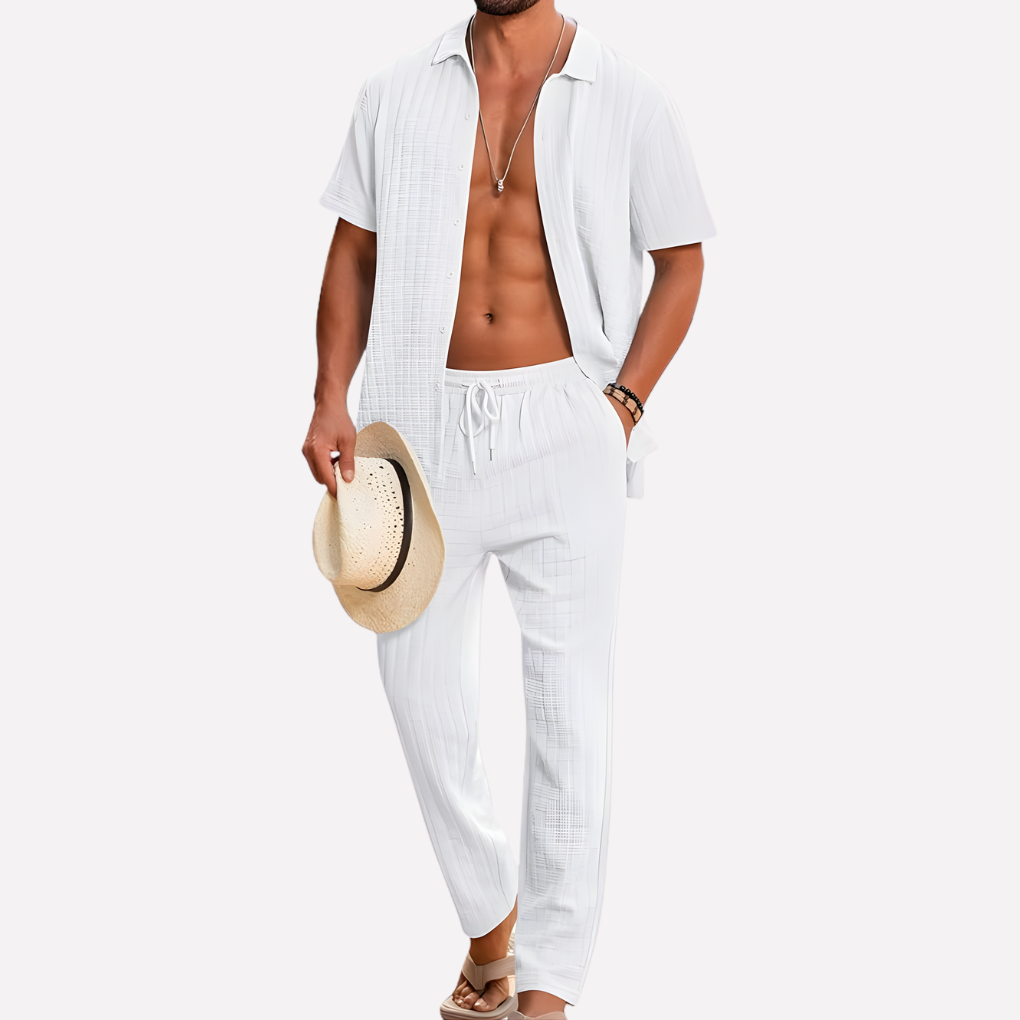Breathable textured men's summer co-ord set, featuring a casual shirt & comfortable trousers.