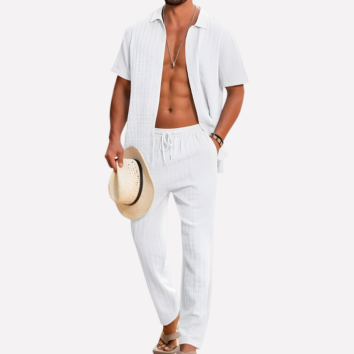 Breathable textured men's summer co-ord set, featuring a casual shirt & comfortable trousers.