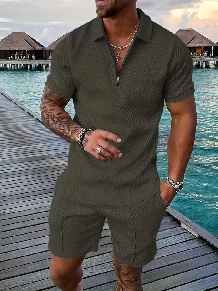 Comfortable men's geometric print polo shirt and shorts matching set, ideal for summer casual wear.