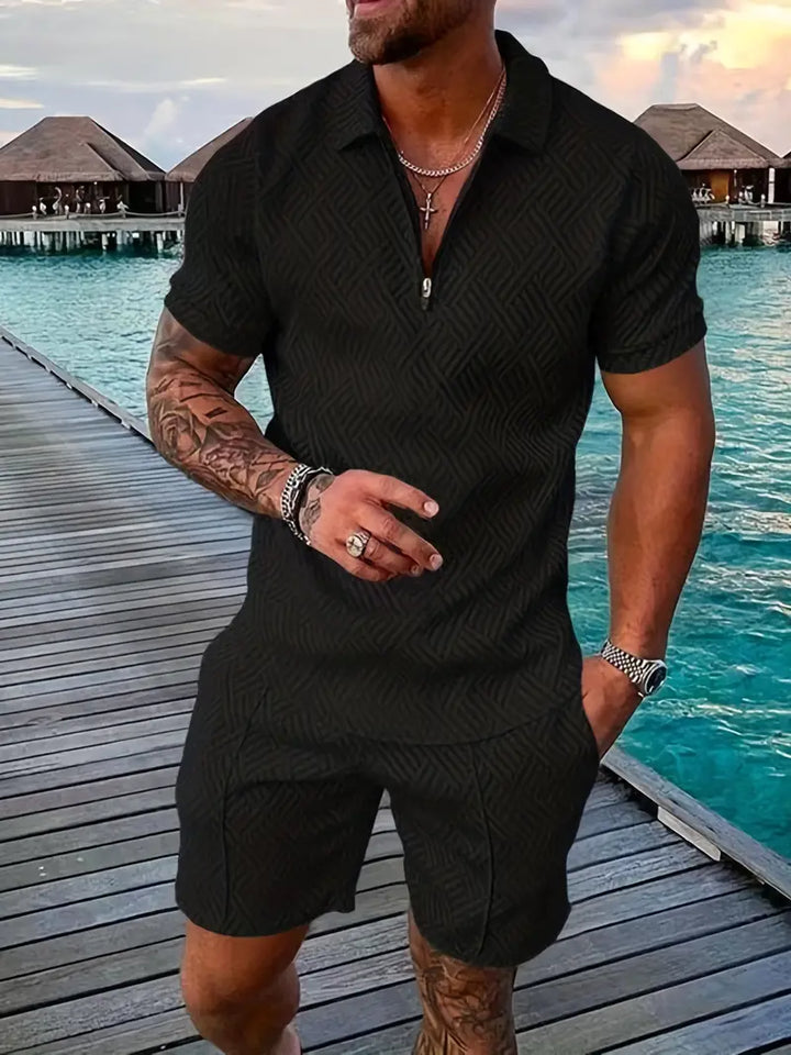 Stylish men's geometric patterned polo and shorts set. Modern resort wear for summer vacations.