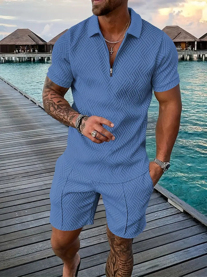 Vibrant geometric print men's summer polo and shorts set, a comfortable casual outfit for men.