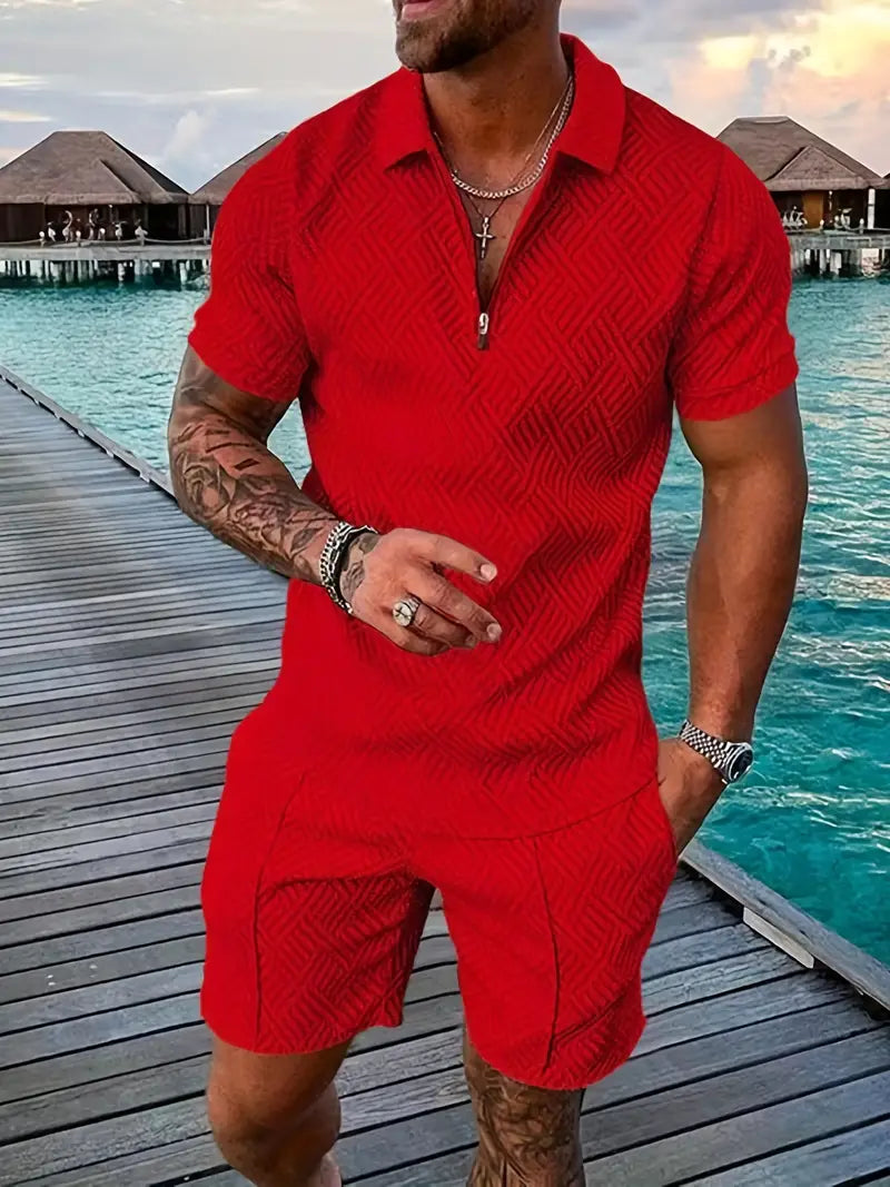 Modern men's geometric design polo and shorts set, a trendy two-piece summer casual outfit.