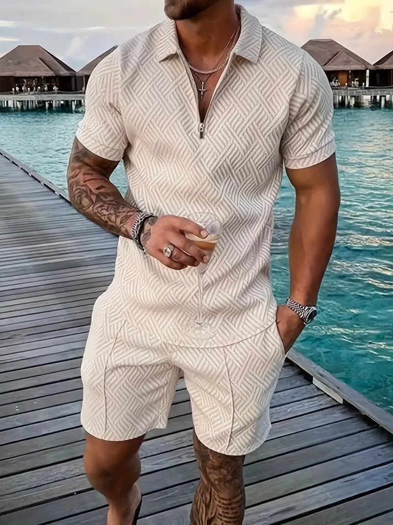 Coordinated men's summer geometric polo shirt and shorts set for a sharp, comfortable casual look.