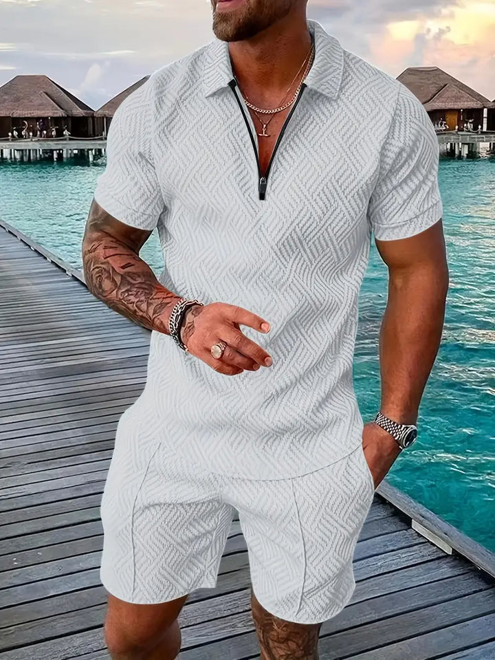 Fashionable men's geometric summer polo and shorts outfit set, perfect for warm weather leisure.