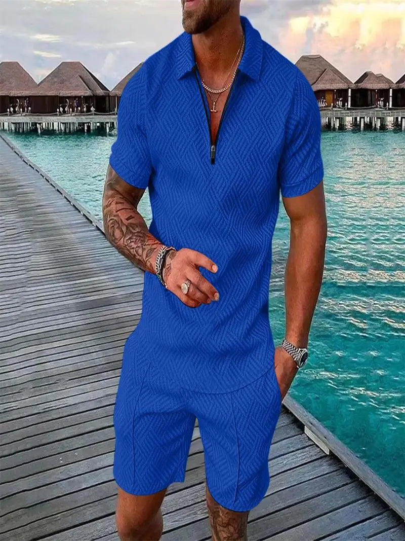 Cool geometric design men's polo & shorts set. Comfortable and stylish summer casual wear for men.