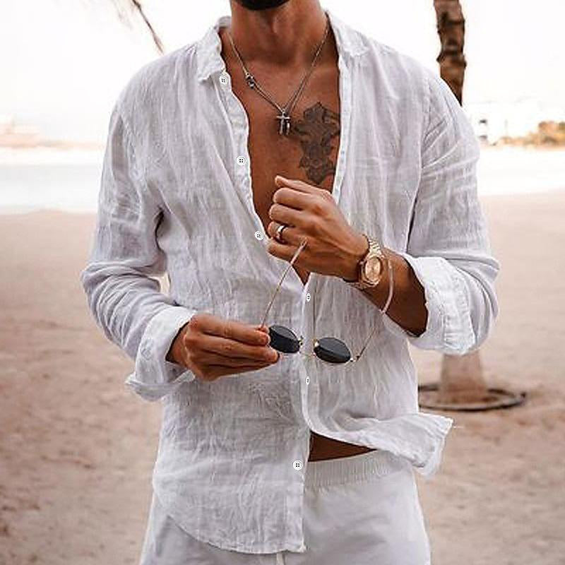 Relaxed fit men's long sleeve shirt, perfect for casual summer wear & vacation comfort.