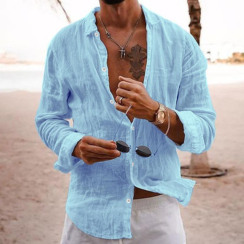 Versatile men's long sleeve button-up shirt, great for everyday casual summer outfits.