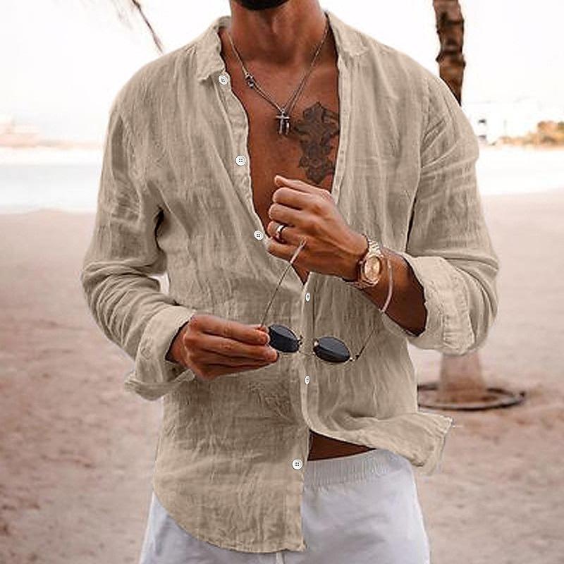 Men's relaxed fit long sleeve button shirt, a comfortable casual top for summer outings.