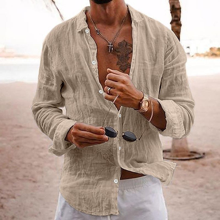 Men's relaxed fit long sleeve button shirt, a comfortable casual top for summer outings.
