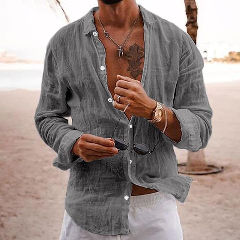 Solid color men's long sleeve button shirt, essential casual wear for summer.