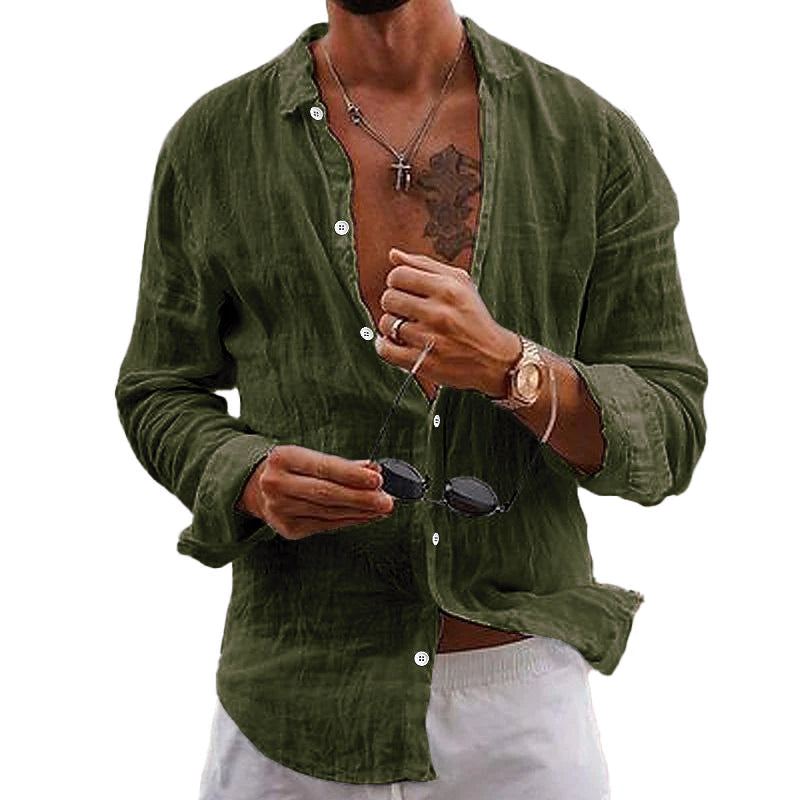 Men's comfortable long sleeve button-up shirt, great for summer vacation & casual outfits.