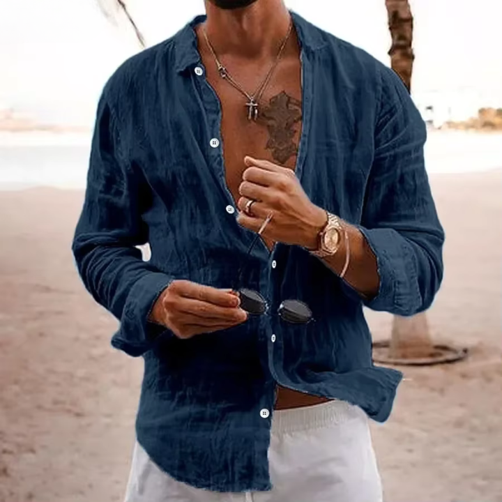 Classic men's long sleeve button-up shirt, casual and comfortable for summer style.