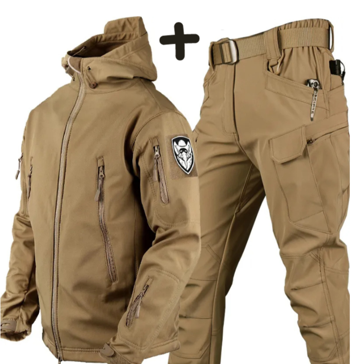 Men's tactical hooded jacket with multiple pockets & durable fabric. Ideal for outdoor adventures & casual wear.