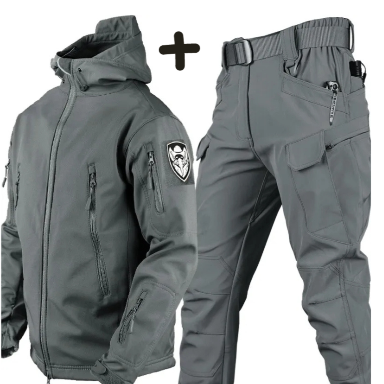 Man in men's tactical hooded jacket & cargo pants set, suitable for outdoor, military style, and adventure apparel.