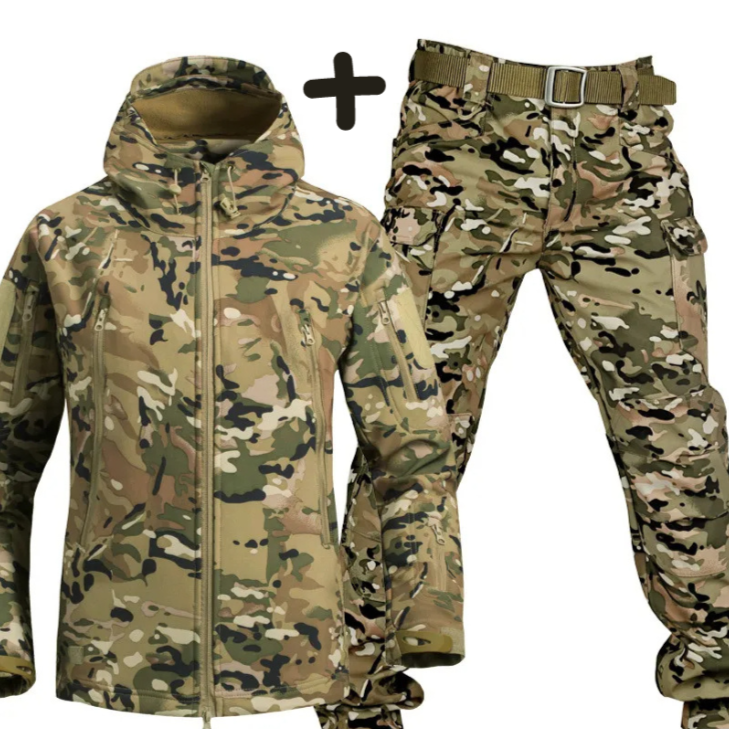 Versatile men's tactical hooded jacket & cargo pants set, outdoor gear, military style, adventure & casual fashion.