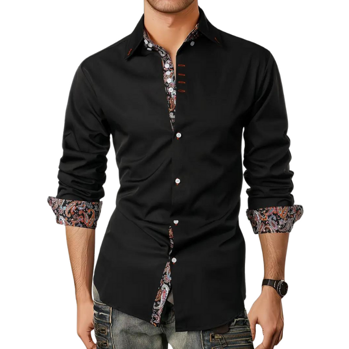 Men's tailored button-up shirt with hidden printed trim, ideal for smart casual or modern office wear.