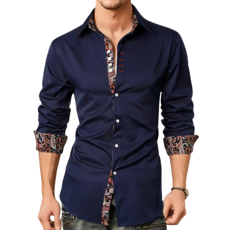 Professional men's dress shirt. Tailored button-up with subtle printed trim, suitable for office wear & business casual.