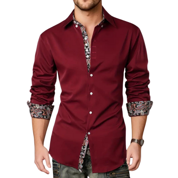 Versatile men's long-sleeve tailored shirt. Features hidden printed trim, ideal for both casual & smart-casual outfits.